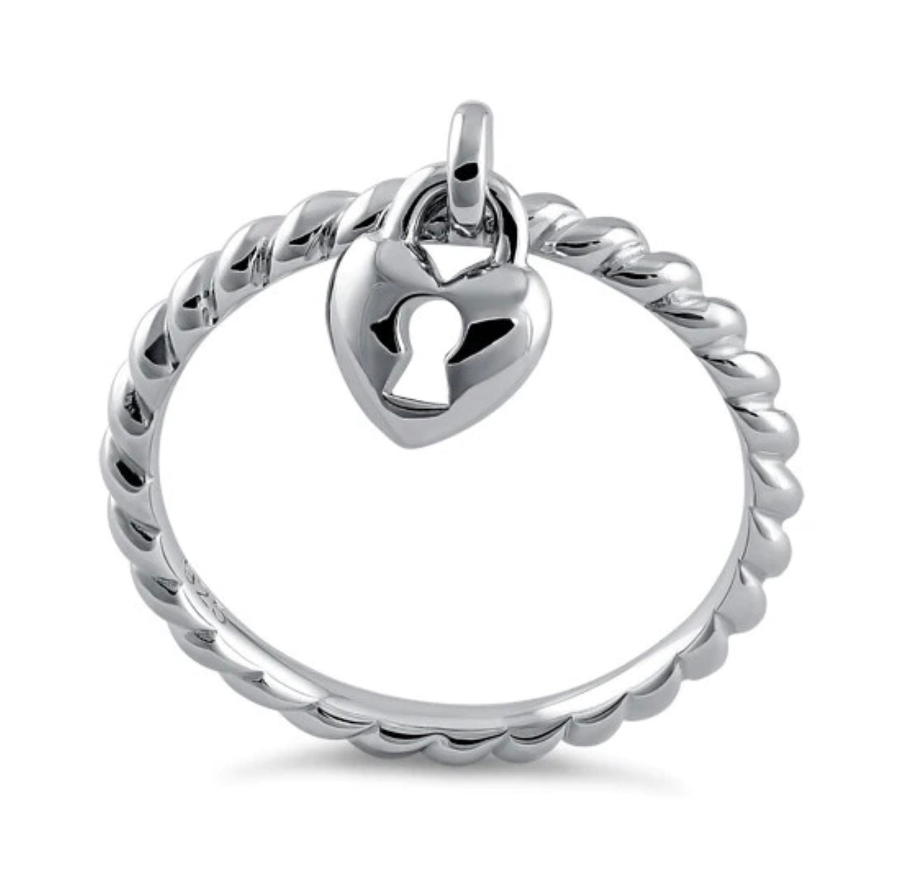 Locked heart dangle silver ring