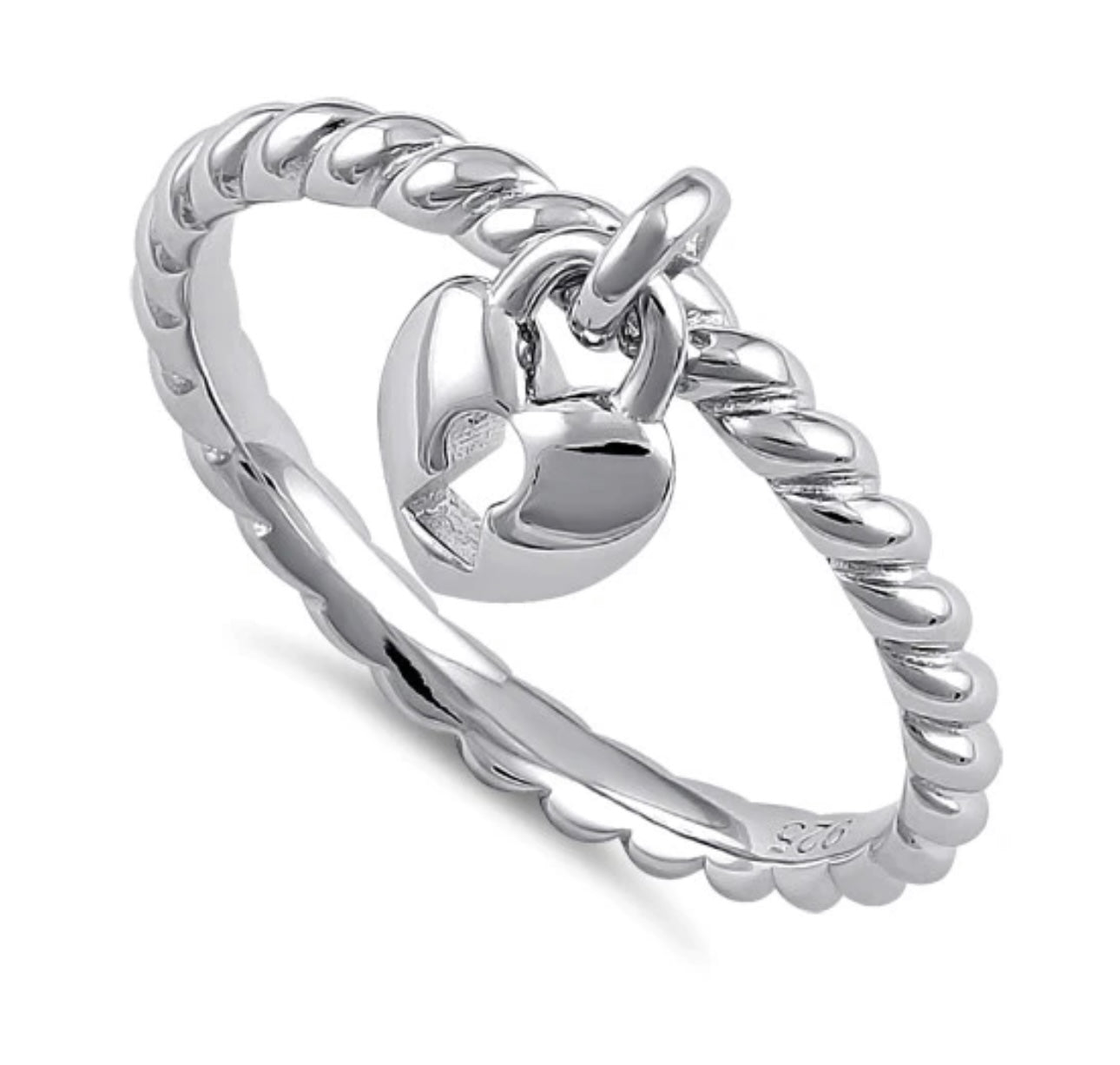 Locked heart dangle silver ring