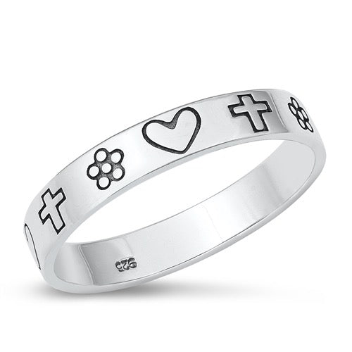 Cross, heart and flowers silver ring