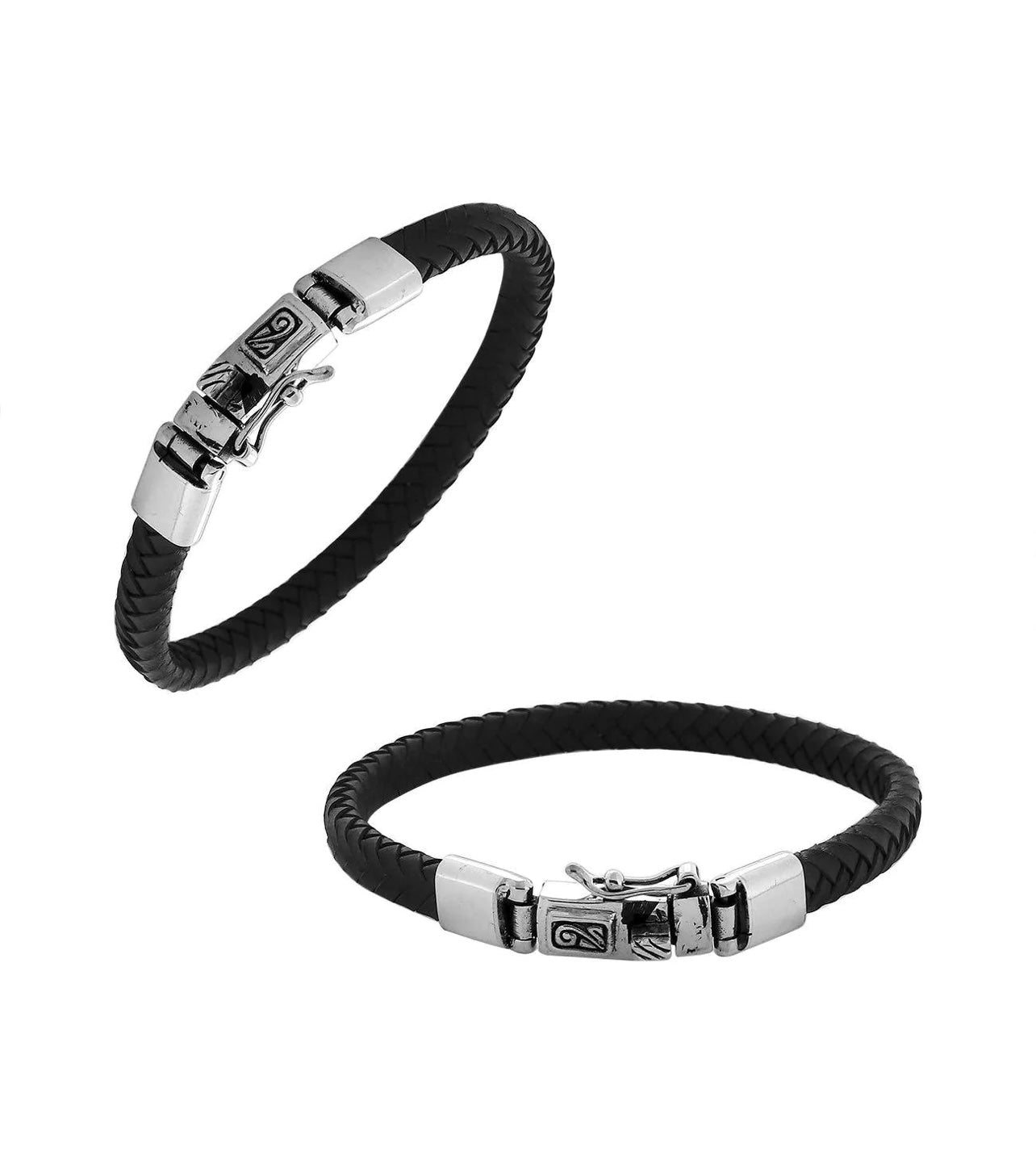 Black leather sterling silver bracelet